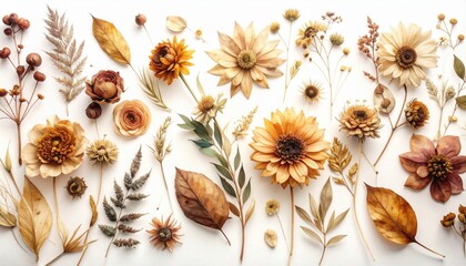 Collection, collage of dried flowers and leaves isolated on transparent banner background