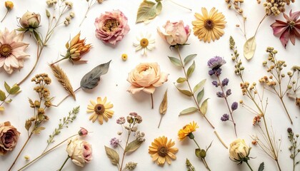 Collection, collage of dried flowers and leaves isolated on transparent banner background