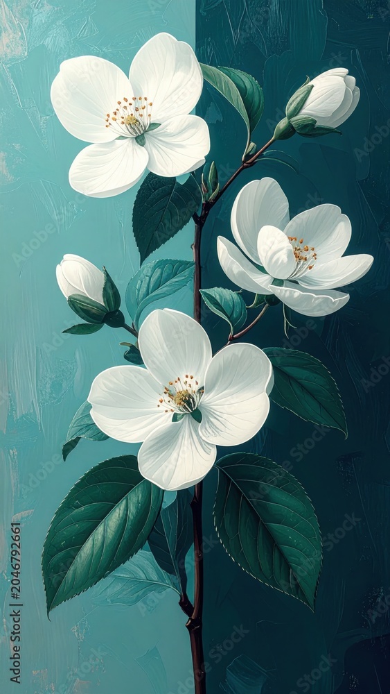 Obraz premium Minimalist botanical illustration featuring white blossoms teal foliage artwork style