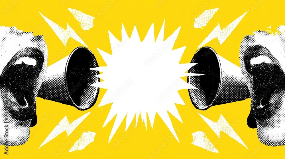 Naklejka premium Dynamic halftone graphic on vivid yellow backdrop with two black-white dotted stylized open mouths fitted with dark gray megaphones, central jagged white speech bubble