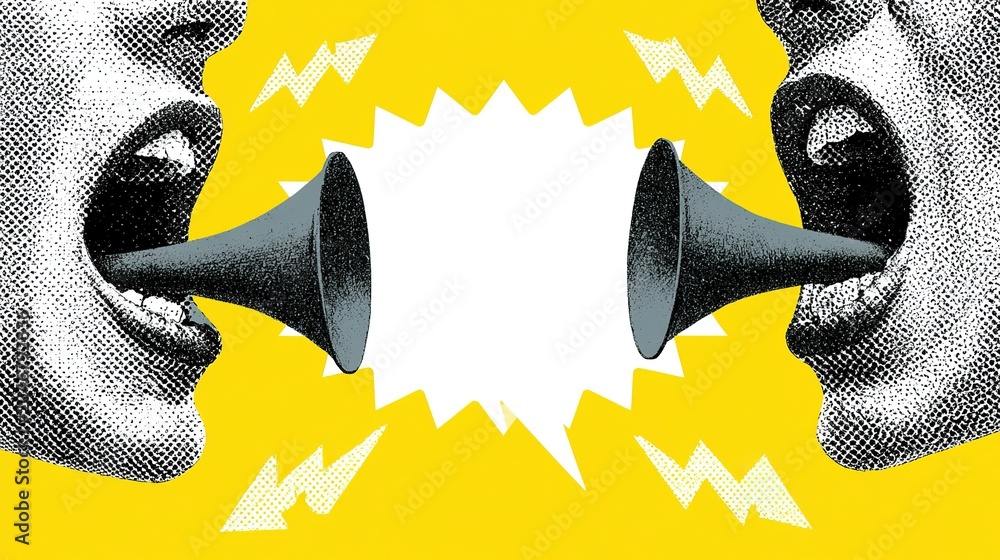 Naklejka premium Dynamic halftone graphic on vivid yellow backdrop with two black-white dotted stylized open mouths fitted with dark gray megaphones, central jagged white speech bubble