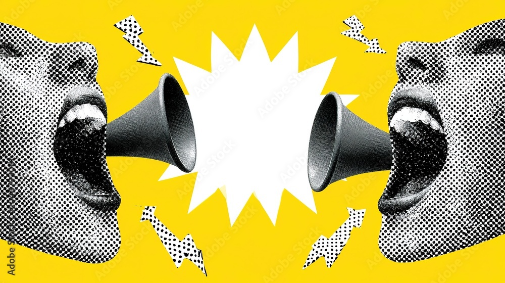 Obraz premium Dynamic halftone graphic on vivid yellow backdrop with two black-white dotted stylized open mouths fitted with dark gray megaphones, central jagged white speech bubble