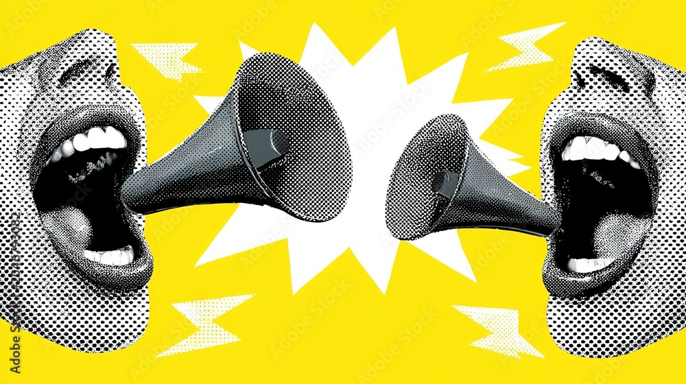 Fototapeta premium Dynamic halftone graphic on vivid yellow backdrop with two black-white dotted stylized open mouths fitted with dark gray megaphones, central jagged white speech bubble