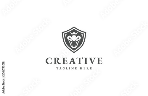 Head snake shield logo design template flat vector