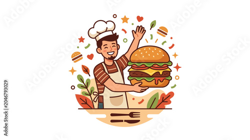 Foto Cartoon Chef Holding Large Juicy Burger with Fries Illustration