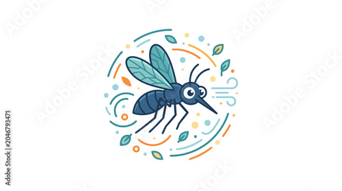 Schilderij op canvas Cartoon Mosquito Flying with Swirling Leaves and Wind