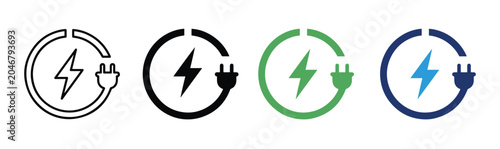 Electric charging icon set power plug lightning bolt energy electricity green eco friendly alternative battery flash ring symbol flat line colored style vector,