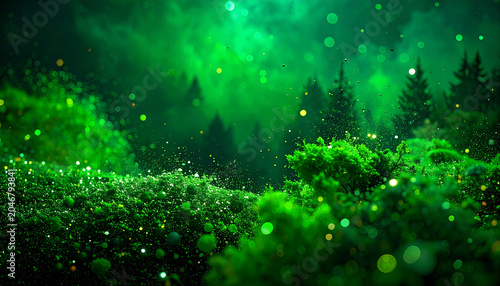 Enchanted Emerald Forest: A mystical, vibrant forest rendered in deep emerald hues, with glowing particles dancing in the air, creating a magical and otherworldly atmosphere.