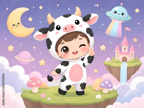 surreal fantasy Cute kawaii kid in cow costume