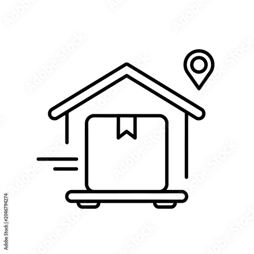 A simple icon of a house with a package on a delivery truck next to a location pin