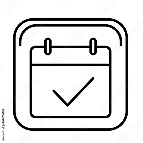 A minimalist line icon of a calendar with a checkmark on a square background