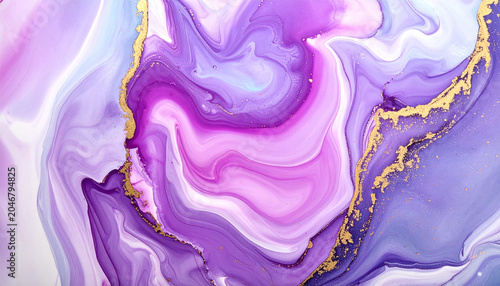 Abstract Amethyst Swirl: An ethereal abstract composition featuring flowing waves of amethyst, lavender, and violet hues, intertwined with delicate veins of shimmering gold.