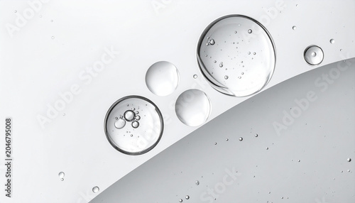 Macro Bubbles in Liquid: Close-up view of numerous small and large transparent bubbles floating in a clear liquid, creating a dynamic and abstract pattern with light refractions and reflections.
