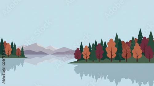 Minimalist Autumn Landscape with Lake and Mountains Illustration