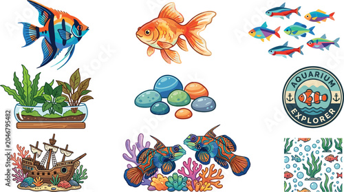 Schilderij op canvas Collection of aquarium fish and decorations vector illustration featuring angelf