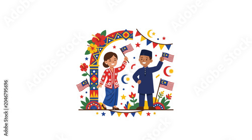 Bild auf Leinwand Children Celebrating Cultural Festival with Flags and Traditional Clothes