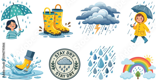 Cute rainy day collection featuring children with umbrellas, yellow boots splashing in puddles, storm clouds, rainbows, and raindrops icons.