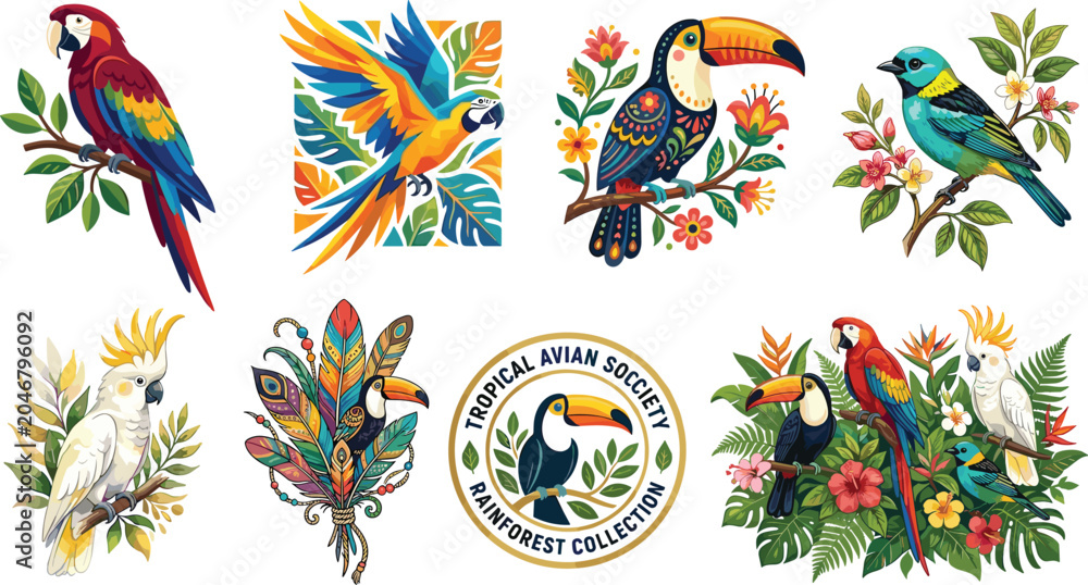 Obraz premium Exotic tropical bird vector illustration set featuring parrots macaws toucans and cockatoos with vibrant rainforest flowers and jungle foliage