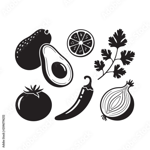 vegetable and fruit silhouettes on white background