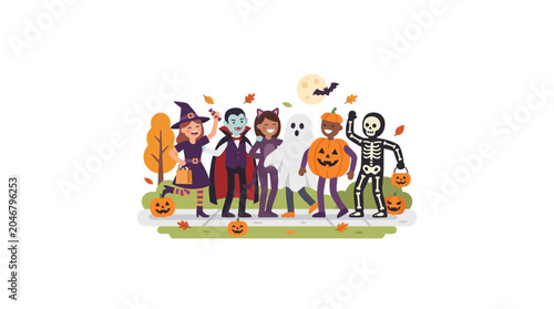 Children In Halloween Costumes Trick Or Treating