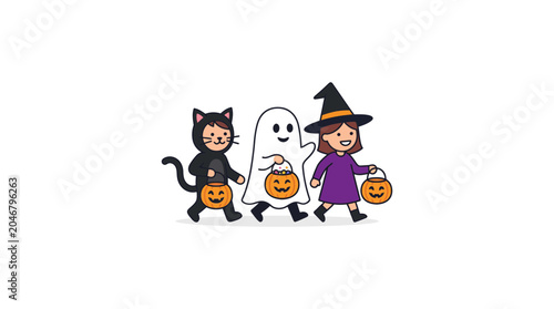 Foto Children in Halloween Costumes Trick-or-Treating with Pumpkin Buckets