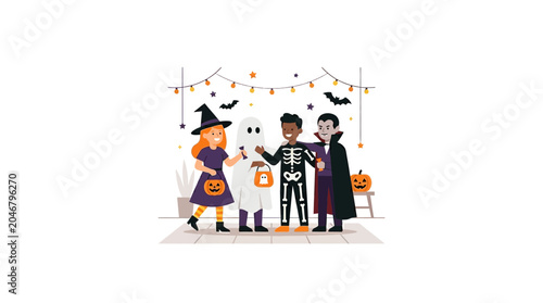 Schilderij op canvas Children in Halloween Costumes Trick-or-Treating