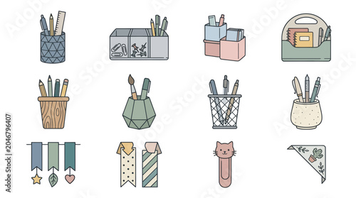 Photos Desk stationery and office organizer icons set.