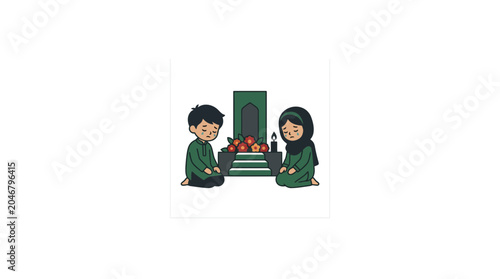 Fotografía Children Mourning at Grave with Flowers and Candle Illustration