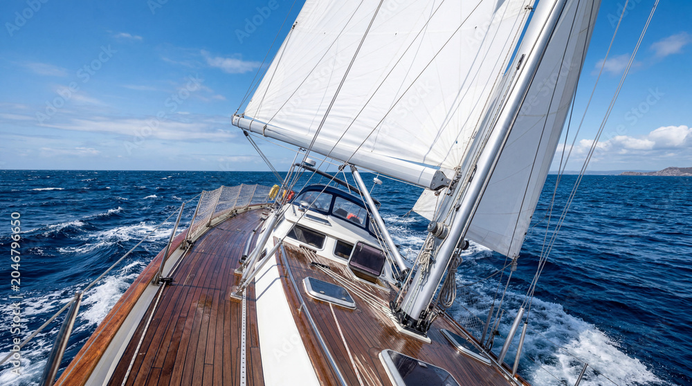 Fototapeta premium Point of view looking out from deck of sailing yacht tilting slightly into brisk wind