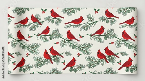 Cardinal bird pattern on pine branches Christmas wrapping paper