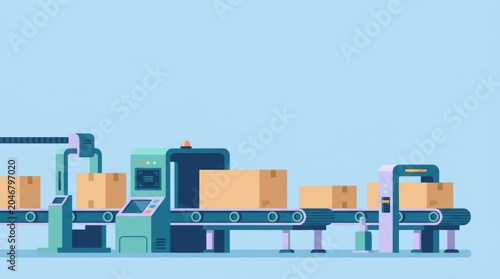 Automated Factory Conveyor Belt with Packaging Boxes