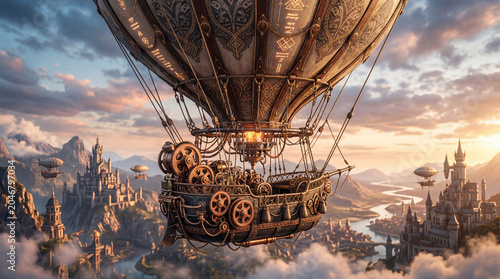 Steampunk Inspired Hot Air Balloon Crafted With Intricate Copper Gears And Ornate Canvas Canopy Flight