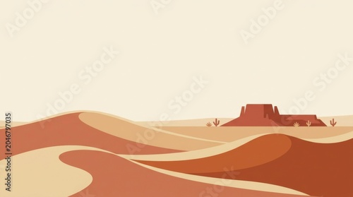 Minimalist desert landscape with sand dunes and mesas illustration