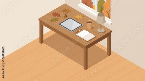 Cozy Isometric Home Office Desk with Tablet and Autumn Leaves