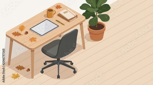 Cozy Isometric Workspace with Digital Tablet and Autumn Leaves