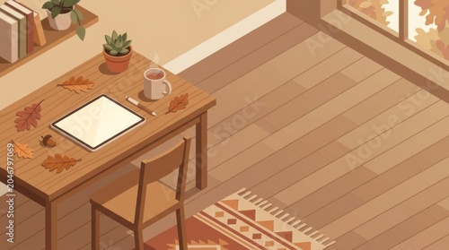 Cozy Autumn Workspace with Tablet and Warm Tea Illustration