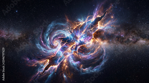 Glowing celestial portal cracking open the fabric of space with swirling cosmic dust nebula particles