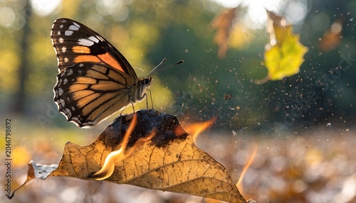 A viceroy butterfly landing on a burning autumn leaf mid fall