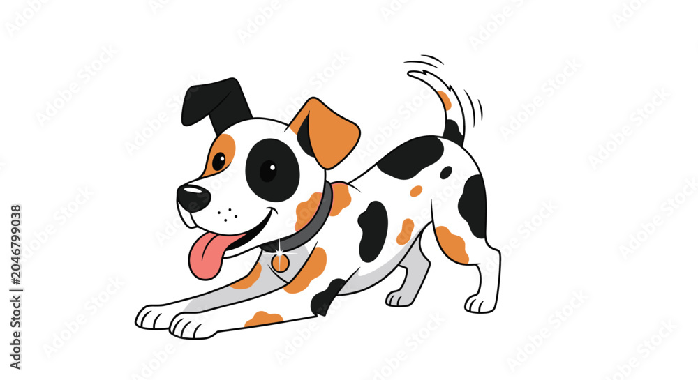 Naklejka premium Playful white dog with black and brown spots stretches out in a bowing pose while wagging its tail and sticking its tongue out happily.