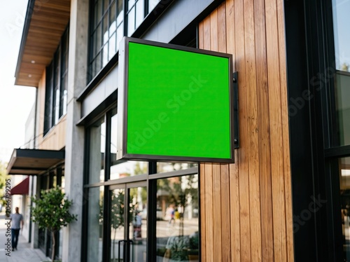 Square Green Screen Signboard Mockup on Modern Storefront Wood Facade Blank Chroma Key Outdoor Business Sign Template