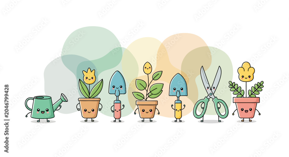 Naklejka premium Cute cartoon gardening tools and potted plants with faces, standing in a row against a pastel background.