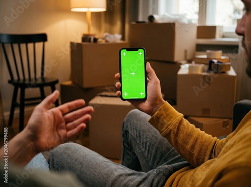 Man Holding Smartphone with Green Screen Mockup on Moving Day Chroma Key Mobile Phone Display with Cardboard Boxes