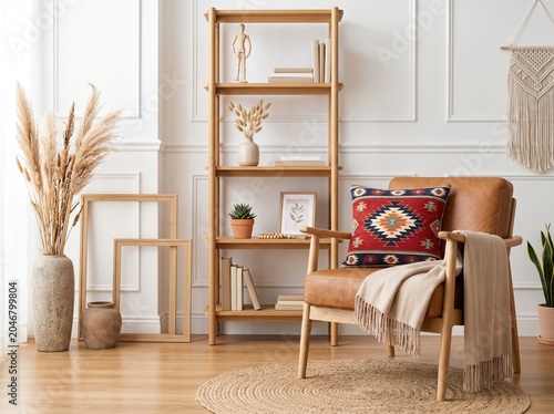 Boho Chic Living Room Mockup with Tan Leather Armchair and Wooden Bookshelf Aztec Pillow and Pampas Grass Interior Decoration