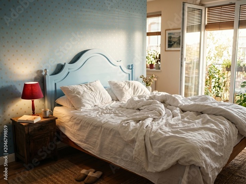 Cozy Unmade Bed with White Linens and Blue Headboard in Sunny Morning Bedroom Interior with Open Balcony Door