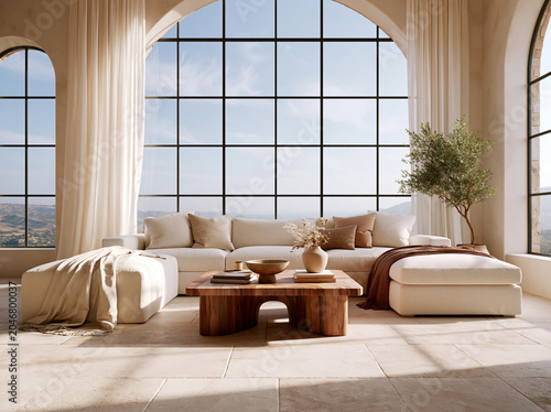 Sunlit Living Room With Large Arched Windows