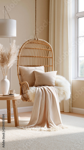 Boho Hanging Chair With Soft Blanket in Bright Room