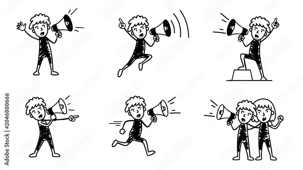 Fototapeta premium man shouting with megaphone in different poses bundle set