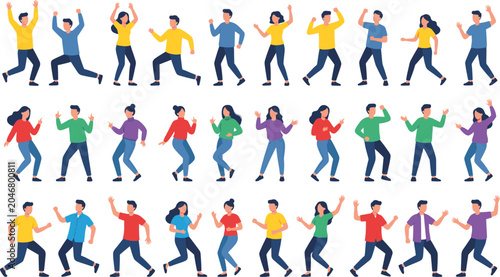 Flat illustration of young diverse people dancing happily at a party isolated on white background set