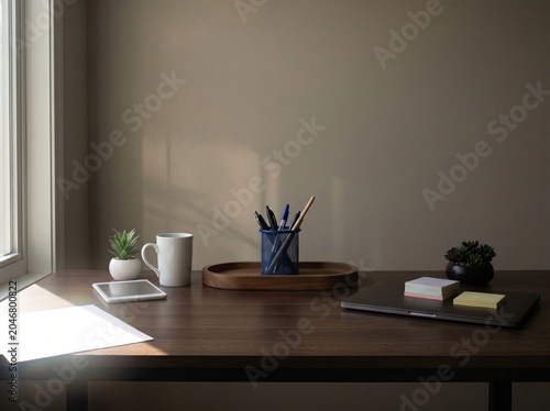 Minimalist wooden office desk with closed laptop notebook post it notes coffee mug and pen holder near sunny window