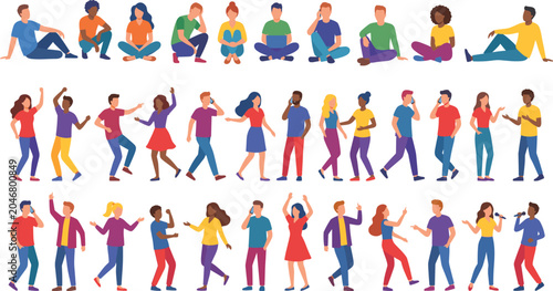 Large collection of diverse cartoon people characters sitting walking talking and dancing isolated on white background flat illustration